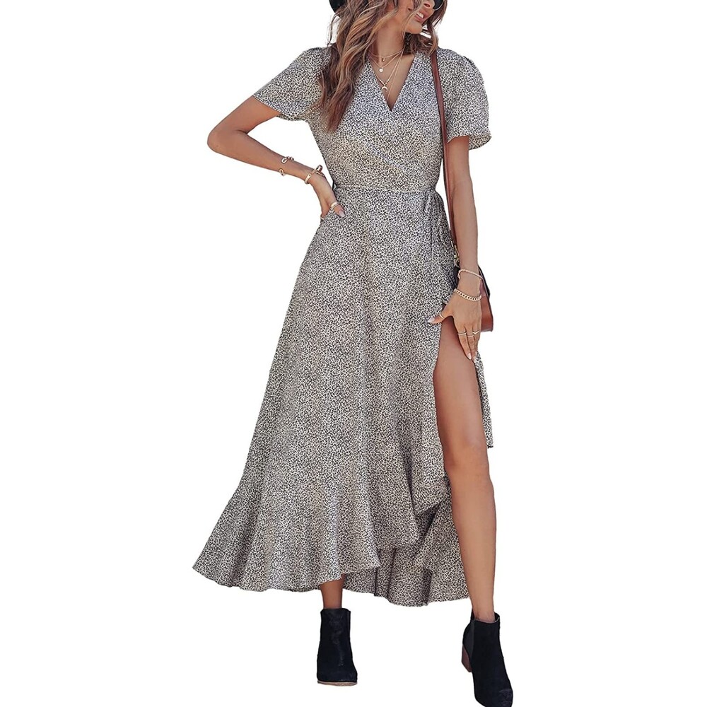Leopard Print Ruffle Hem Split Beach Maxi Boho Wrap Dress Sz M